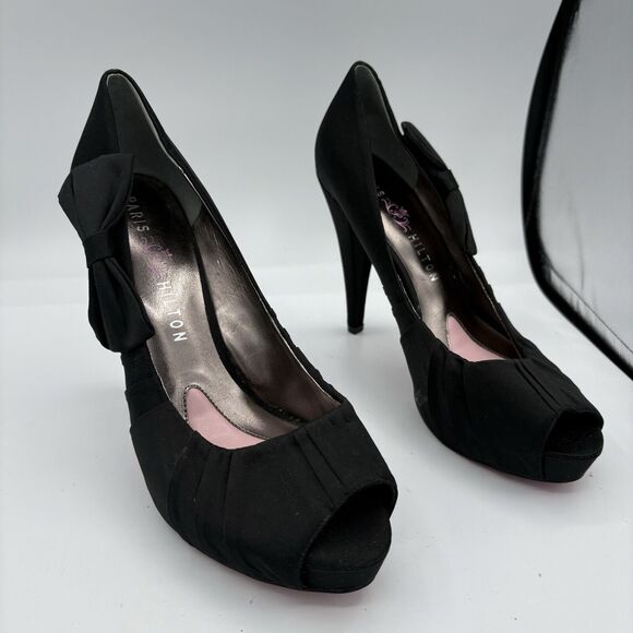 Paris Hilton High Heels Pumps Womens Size 9 Regal Black Peep Toe Bows Ruffles C2 - Picture 1 of 10